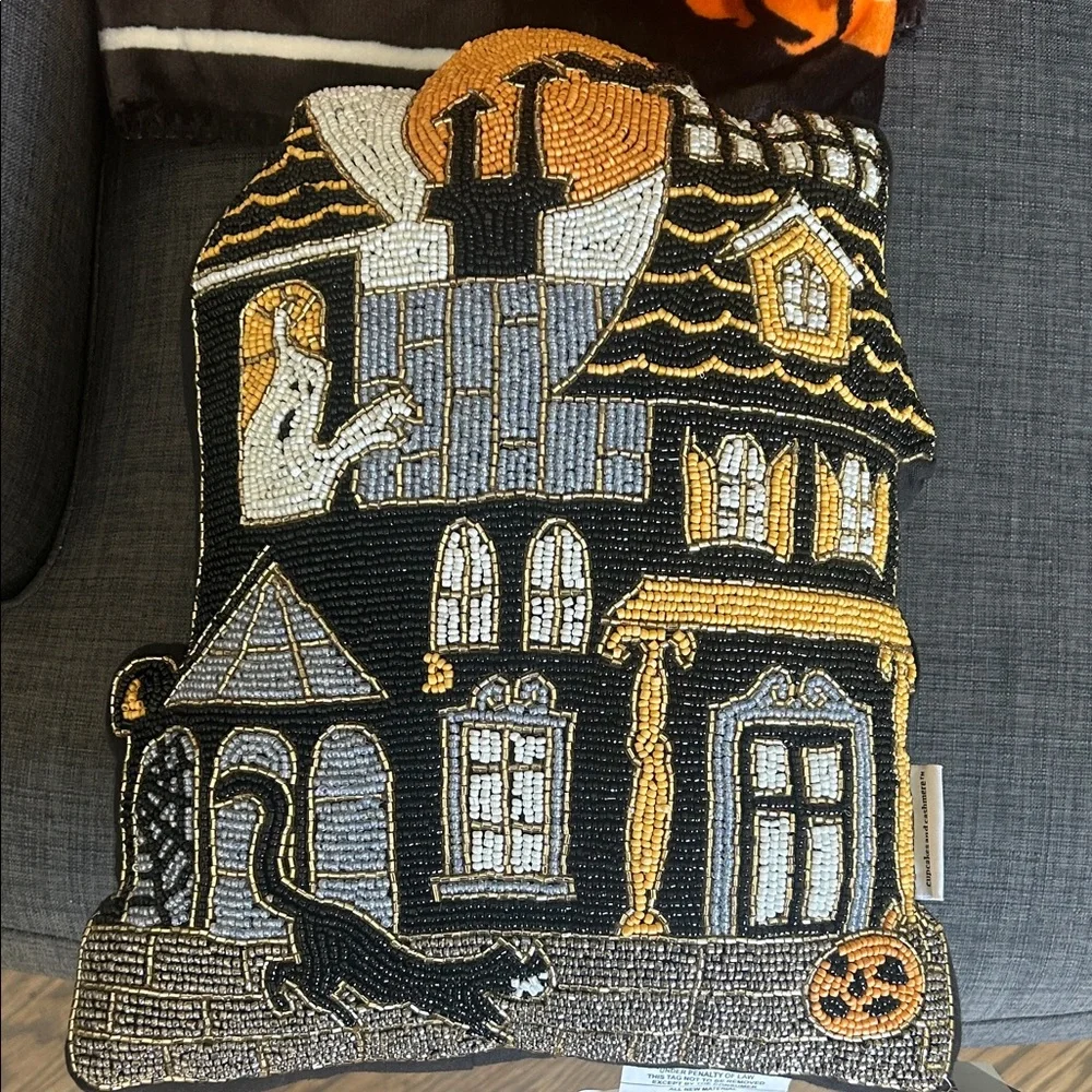 Haunted House Blanket and Beaded Haunted House Pillow Set